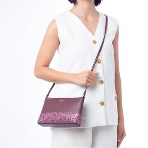 •KATE SPADE•NWT CHERRY WOOD GRETA COURT RAMEY GLITTER CROSSBODY BAG/CARD HOLDER